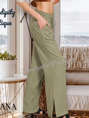 Zenana Baggy Flare Leg Elastic Drawstring Baggy Lightweight Linen Pants.